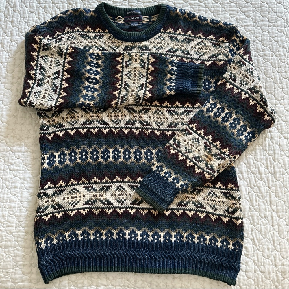 Vintage GANT Sweater Men's Large Colorful Hand Framed Cotton 90's Grandpa Cosby - Picture 2 of 7